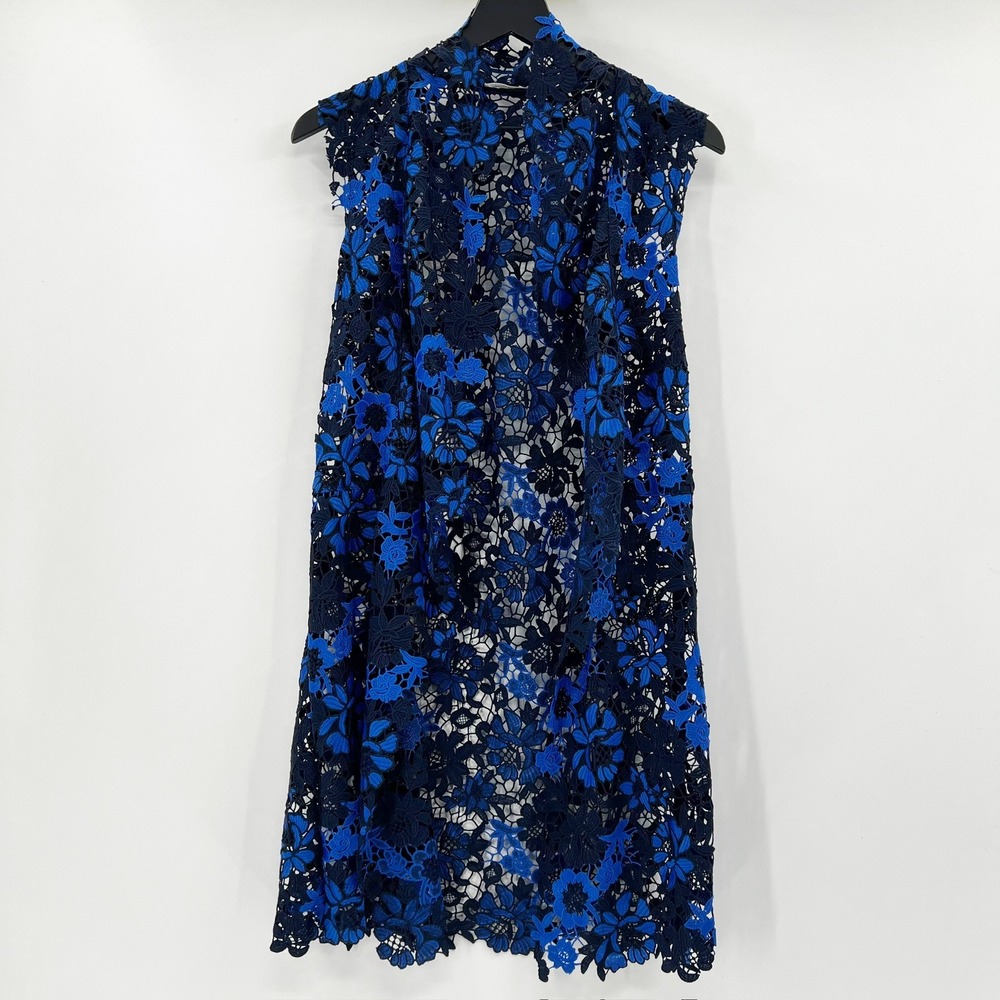 Tahari Womens Blue Floral‎ Guipure Lace Duster Vest Sleeveless Open Front XS